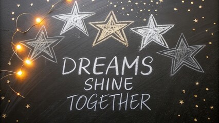 Inspiring chalkboard art showing the phrase 'Dreams Shine Together' surrounded by stars and fairy lights for motivation