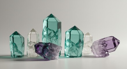 Collection of translucent mineral crystals in various shapes and colors