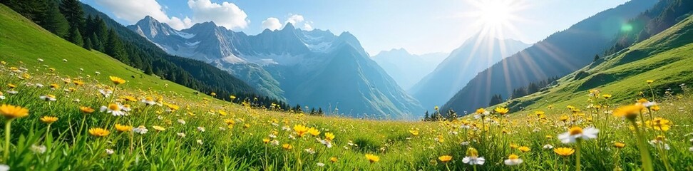 Sunlit Mountain Meadow Wildflowers A Tranquil Landscape Scene of Blooming Wildflowers in a Lush Green Meadow with Towering Peaks, Perfect for Nature Lovers and Idyllic Travel Photography.