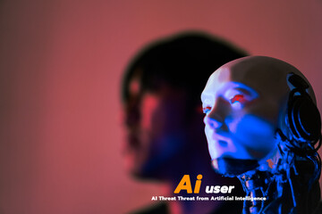 A conceptual image illustrating the threat from artificial intelligence — showing machines, robots, or algorithms posing dangers to privacy, jobs, and human control in a futuristic digital world.