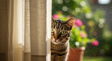 Curious cat peeking through a curtain near a bright outdoor garden background