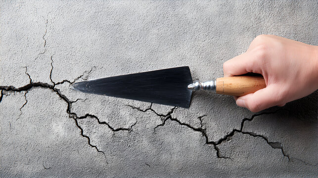 A hand uses a pointed trowel to fix a large crack wall.