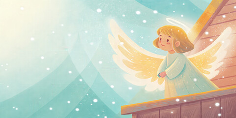 Naklejka premium Charming angel with golden wings and halo brings warmth and joy to Christmas holiday celebrations in magical snowy scene