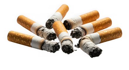 Pile of cigarette butts isolated on transparent background, unhealthy habit