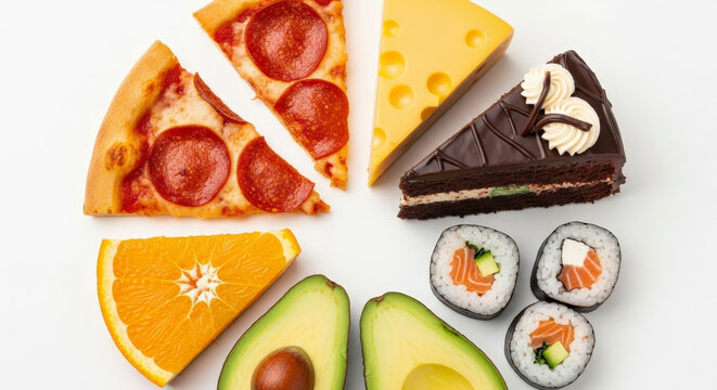Colorful mix of food including pizza, sushi, and dessert. - Powered by Adobe