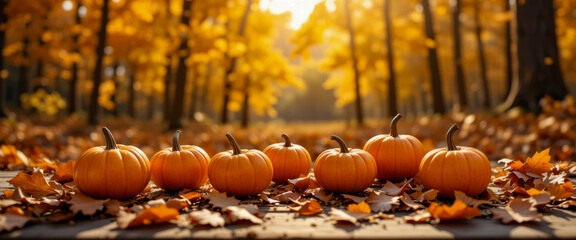 A row of vibrant orange pumpkins rests on a wooden surface, surrounded by fallen leaves. The backdrop features a beautiful forest with golden foliage.