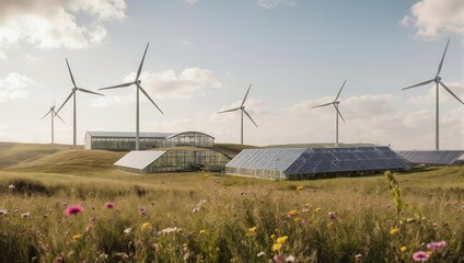 Sustainable farming, wind turbines, solar panels