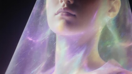 Close-up of a woman's face and neck, draped in a luminous, iridescent veil