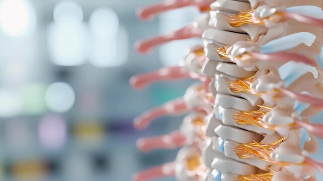 Close up of a human spine model showing vertebrae and spinal cord.