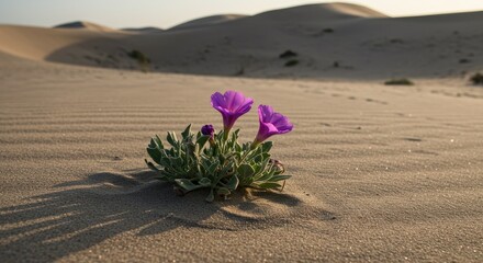 Desert bloom purple flowers in sandy landscape with sunlight