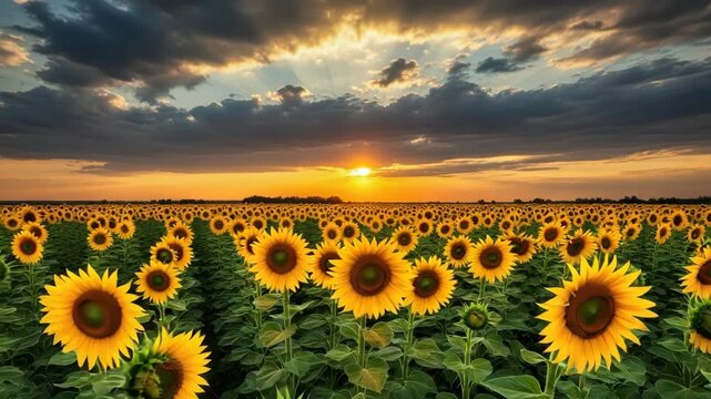 sunflower field stretches under dramatic sunset Golden light spills from the horizon illuminating yellow blooms Dark clouds with sunbeams create stunning serene landscape