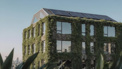 Modern building with extensive green wall, solar panels