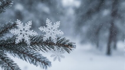 Snowy winter scene; delicate snowflakes on a frosted pine branch. Soft focus on the foreground, background is out of focus