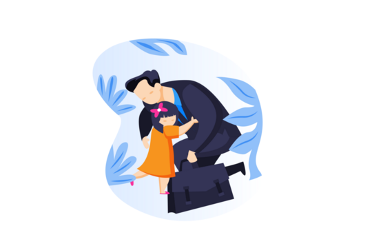 Father Hugging Daughter Near Briefcase with Foliage Backgound on Transparent Background