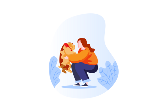 Female Figure Embracing Spotted Dog with Orange Sweater and Dark Blue Pants on Transparent Background Graphic Illustration