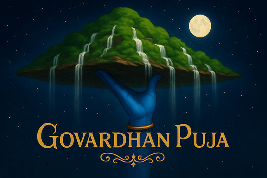 Divine hindu govardhan puja celebration depicts lord krishna lifting the mountain of food annakut offerings chhappan bhog rituals with cow worship festival of protection and devotion