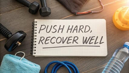 Motivational Fitness Note with Dumbbells and Water Bottle on Wooden Surface for Health and Wellness Inspiration