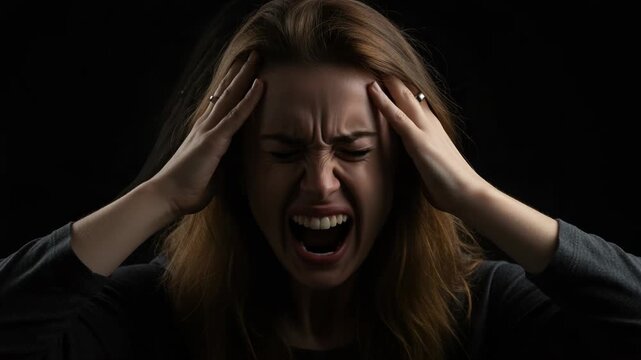 Woman screaming in pain and holding her head in distress