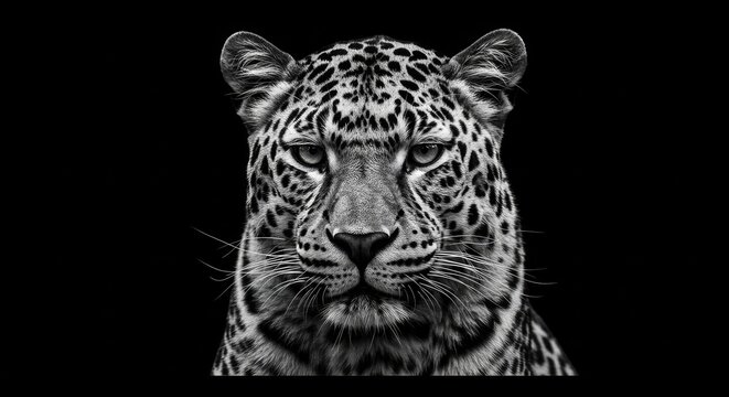 Elegant portrait of a leopard with spotted fur against a black backdrop