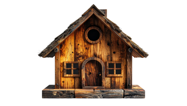  Rustic handcrafted wooden birdhouse with thatch roof isolated on transparent background
