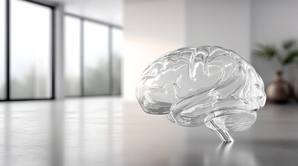 A transparent glass brain model rests on the floor of a minimalist room.
