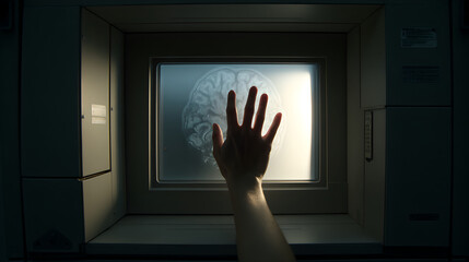 A hand reaches out to touch a medical brain scan on a screen.
