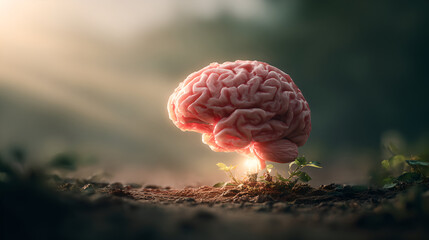 A human brain grows from the soil, illuminated by a warm glow.
