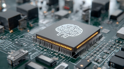 A central processor features an intricate, glowing maze brain icon on top.
