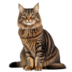 Regal brown tabby cat poses, alert, with bright yellow eyes. Isolated