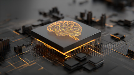 A glowing orange brain icon is etched onto a powerful computer processing chip.
