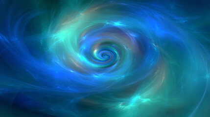 A swirling cosmic spiral of blue energy rotates around a bright center.
