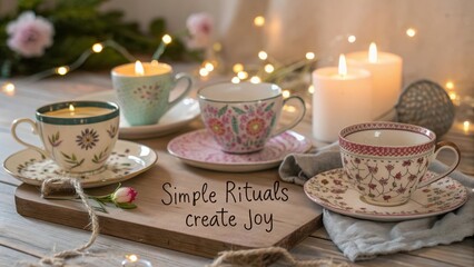 Elegant Tea Cups and Candles Create a Cozy Atmosphere for Simple Rituals and Moments of Joy in Relaxing Home Environment