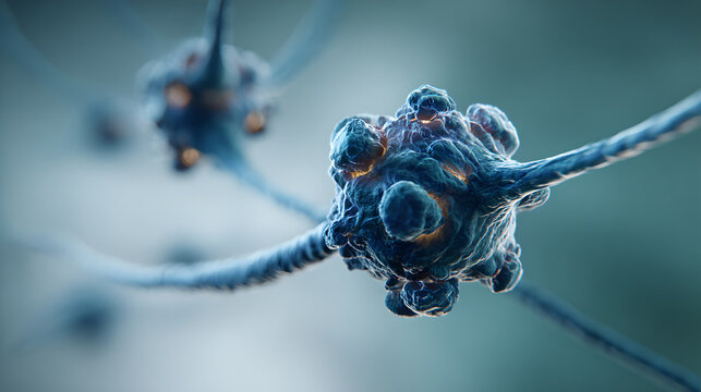 A detailed close-up shows a biological neuron with a textured cell body.
