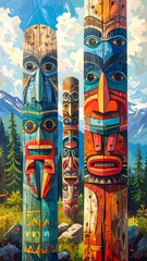 Totem poles in a mountain landscape