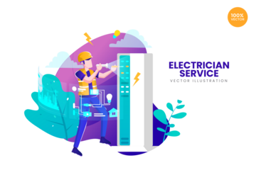 Electrician Service Vector Illustration with Transparent Background Featuring a Worker in Yellow Vest and Hard Hat Repairing a Panel with Leafy Plant Accents