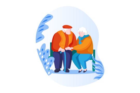 Elderly Couple Holding Hands on Bench With Foliage in Light Blue and Orange on Transparent Background