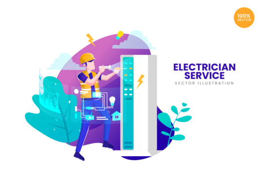 Electrician Service Vector Illustration with Transparent Background Featuring a Worker in Yellow Vest and Hard Hat Repairing a Panel with Leafy Plant Accents