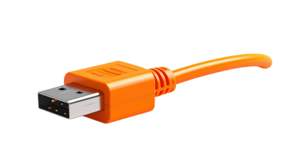 Modern USB data cable in orange isolated on transparent background