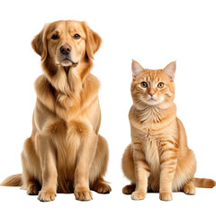 Fototapeta premium Golden retriever and ginger cat sitting side-by-side. Isolated image