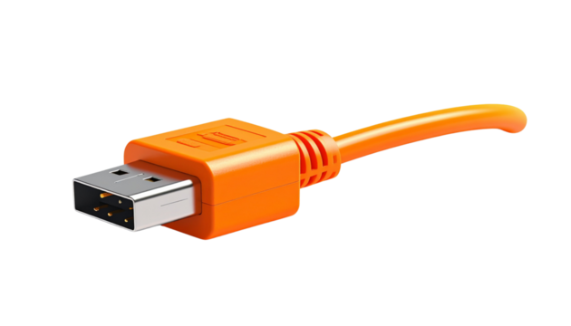 Modern USB data cable in orange isolated on transparent background