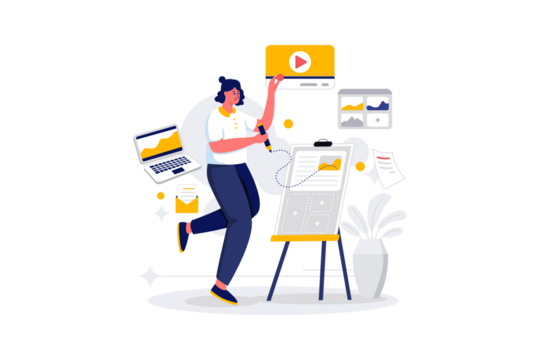 Enthusiastic Woman Presenting Data Charts on Whiteboard with Play Button and Data Displays on Transparent Background for Presentation