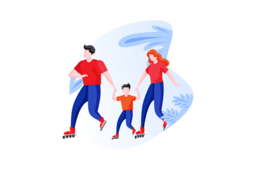 Family Roller Skating Together on White Background Happy Father Mother and Child Wearing Red Shirts and Blue Pants Enjoying Outdoor Activity