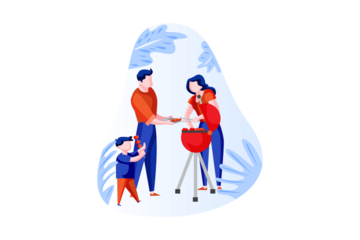 Family Enjoying Barbecue with Red Grill and Nature Elements Isolated on White Background in Vector Illustration Style