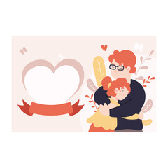 Father and Daughter Embrace Affectionately Against a Soft Pink and White Background with Floral Accents and Heart Shapes Celebrating Father's Day.