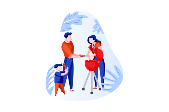 Family Enjoying Barbecue with Red Grill and Nature Elements Isolated on White Background in Vector Illustration Style
