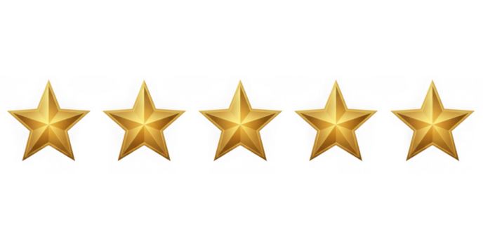 Five golden star rating isolated on transparent background for customer review