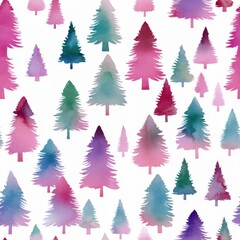 Obraz premium Watercolor Evergreen Forest: A vibrant watercolor illustration featuring a repeating pattern of stylized evergreen trees in a captivating array of pastel colors.