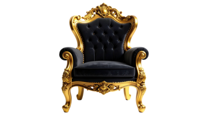 Luxurious gold and black throne chair isolated on transparent background