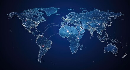 Global network connections map with illuminated city lights on dark background