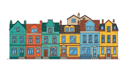 Fototapeta premium Colorful cartoon townhouses vector illustration row of houses real estate architecture building exterior